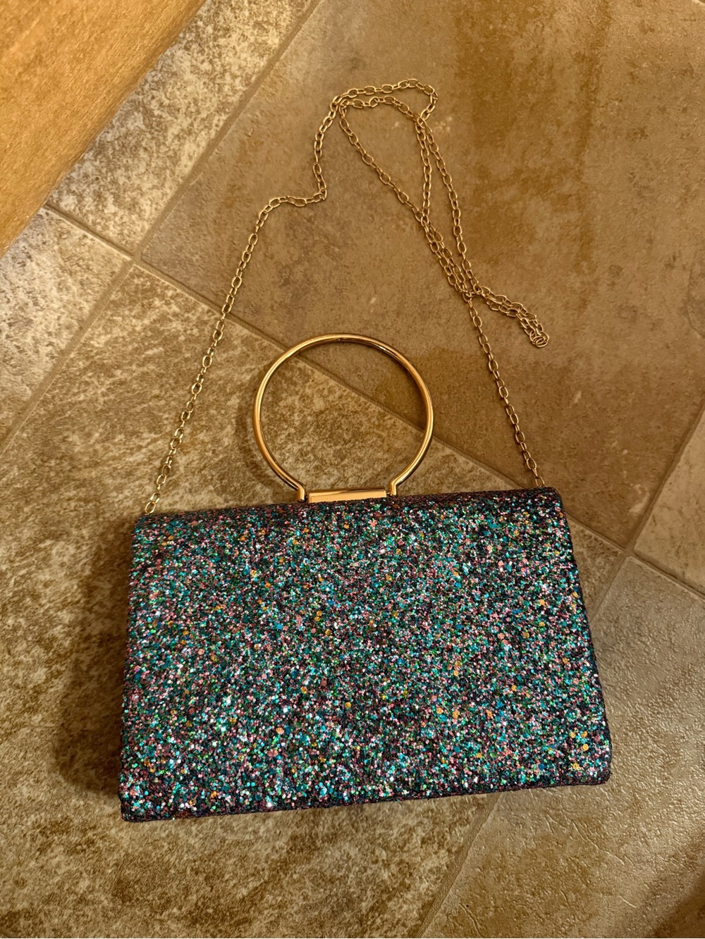 Sparkly Glitter Clutch Evening Bag with Gold Ring Handle